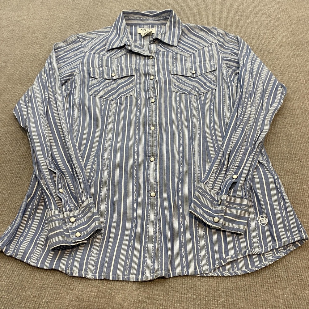 Ariat REAL Shirt Womens Medium Blue Stripe Western Pearl Snap Long Sleeve